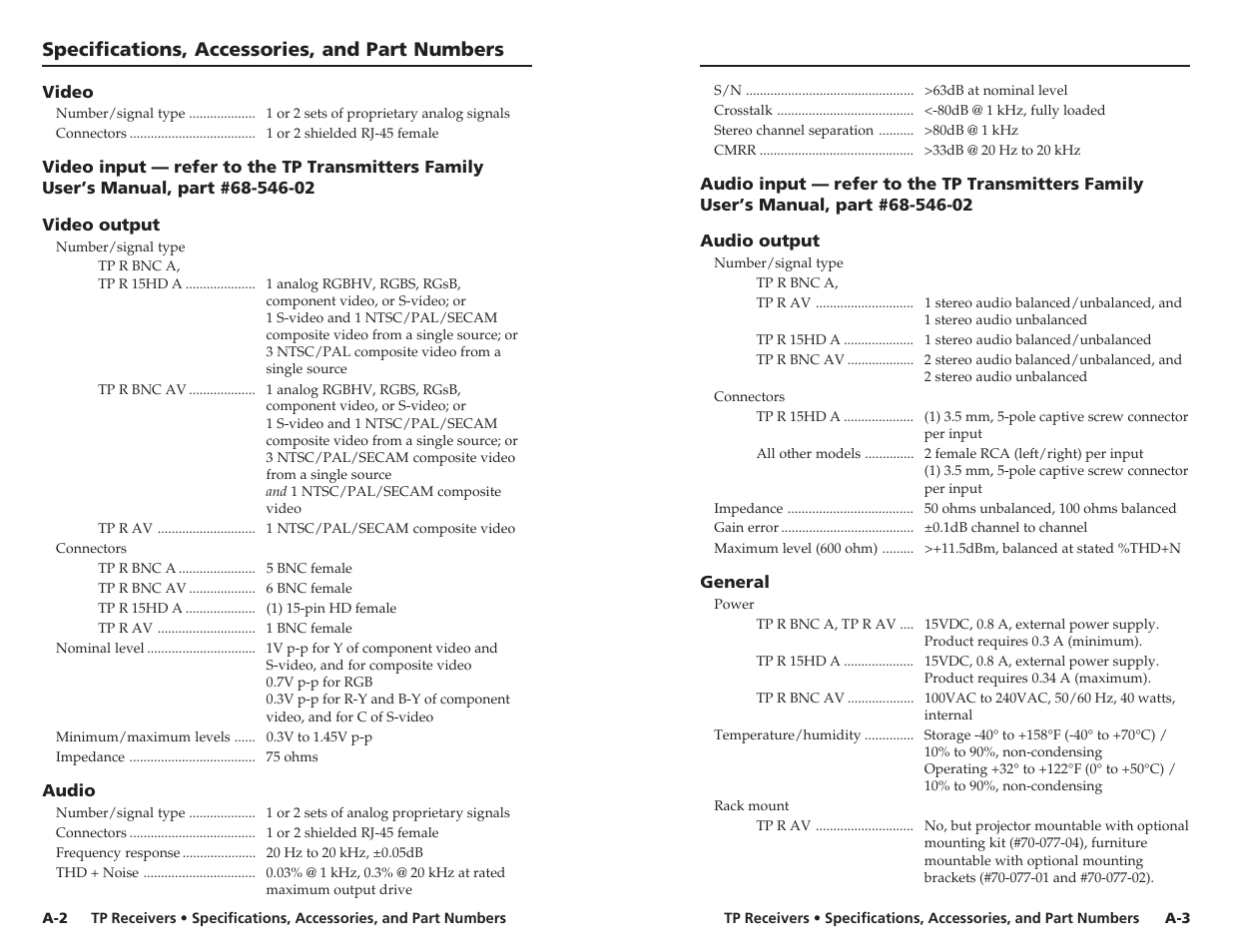 Specifications, accessories, and part numbers | Extron electronic TP R BNC A User Manual | Page 18 / 21