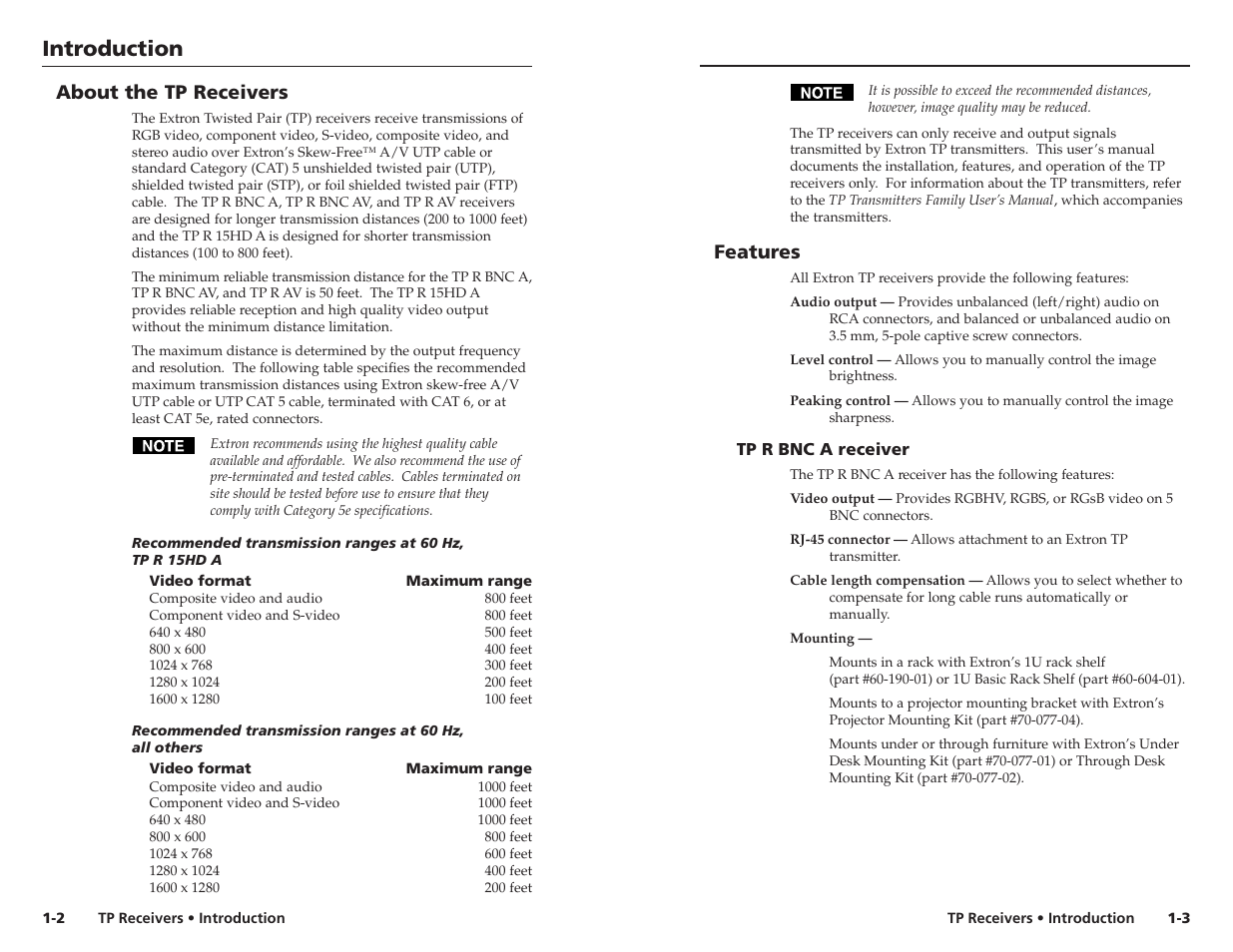 Introduction, Introduction, cont’d, About the tp receivers | Features | Extron electronic TP R BNC A User Manual | Page 5 / 21