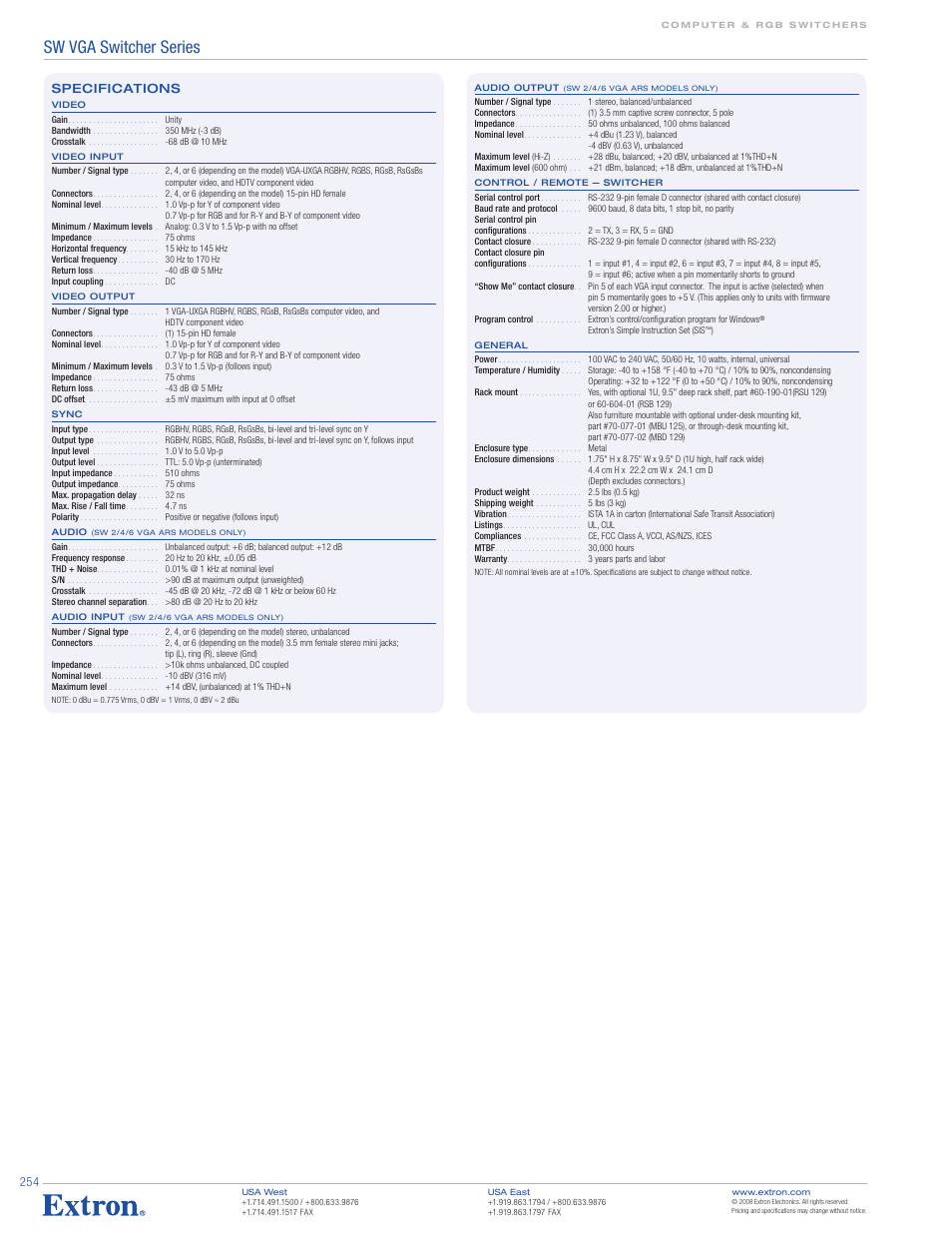 Sw vga switcher series, Specifications | Extron electronic RS-232 User Manual | Page 3 / 3