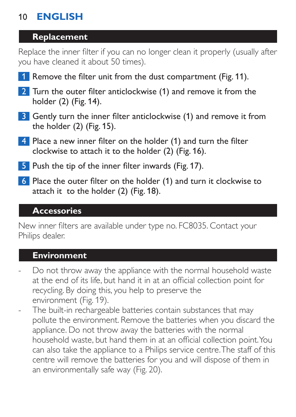 Replacement, Accessories, Environment | Philips FC6050 User Manual | Page 10 / 108