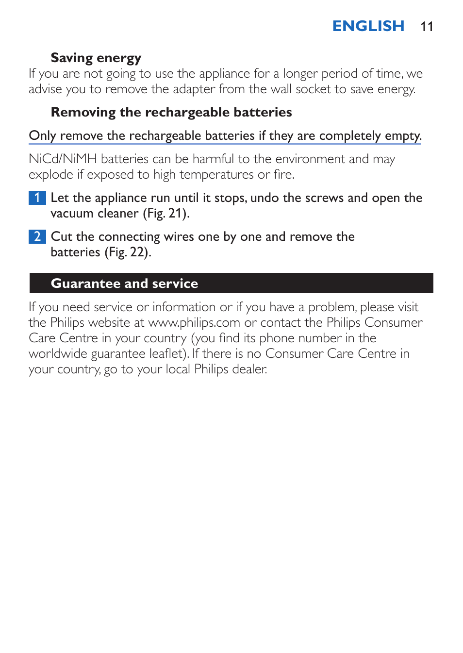 Saving energy, Removing the rechargeable batteries, Guarantee and service | Philips FC6050 User Manual | Page 11 / 108