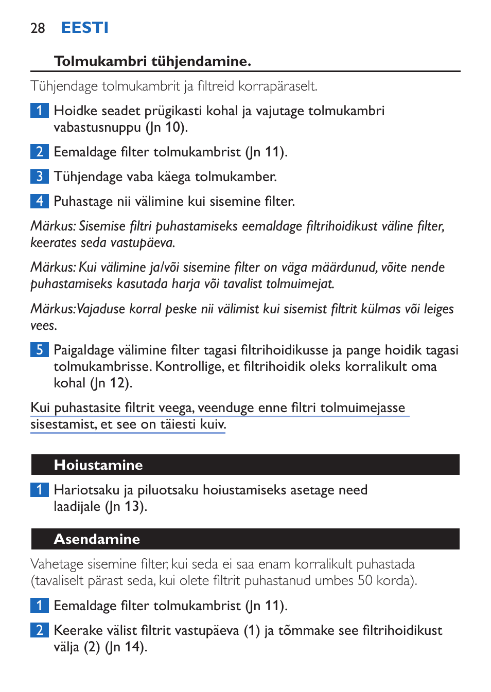 Tolmukambri tühjendamine, Hoiustamine, Asendamine | Philips FC6050 User Manual | Page 28 / 108