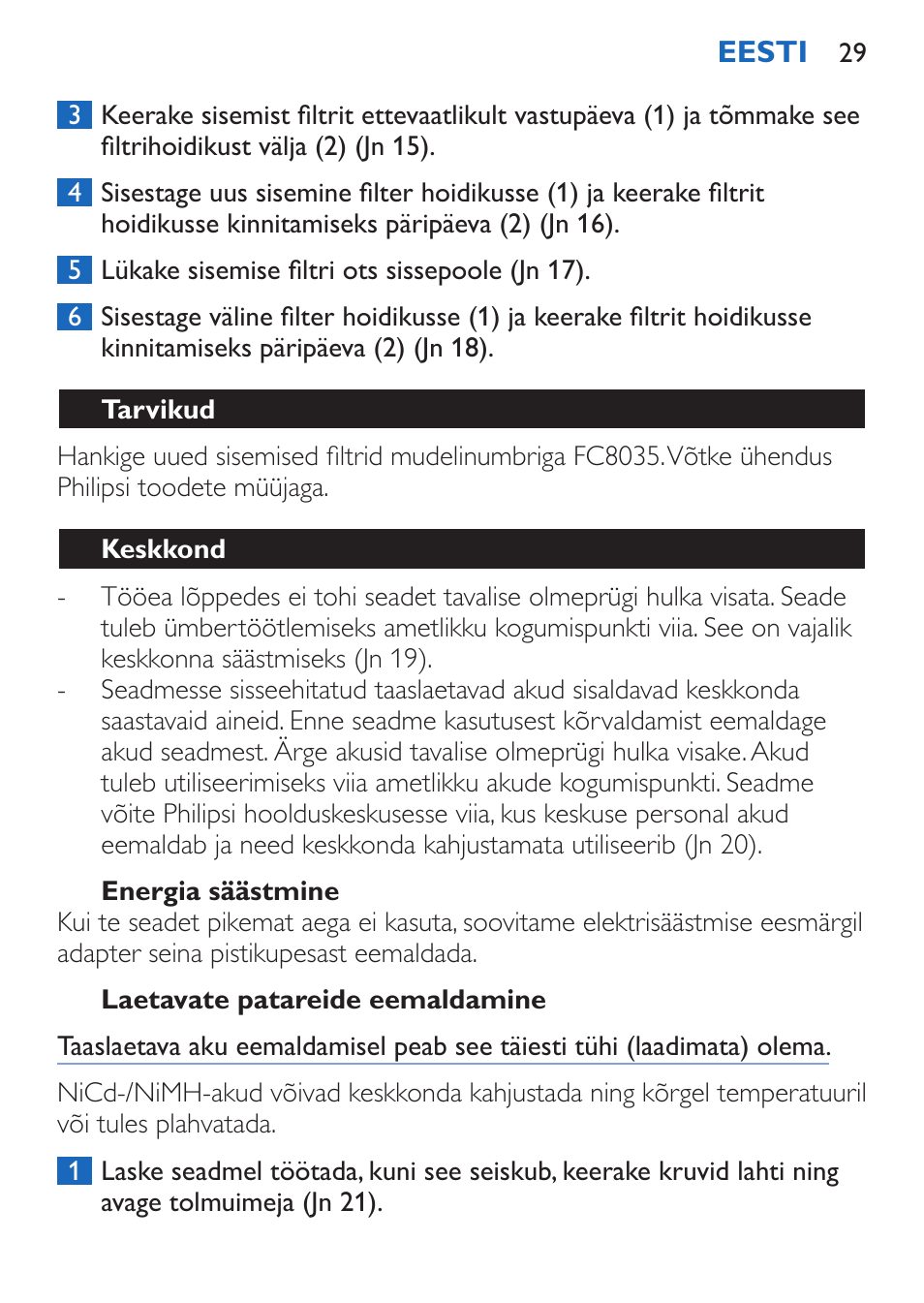 Energia säästmine, Laetavate patareide eemaldamine, Tarvikud | Keskkond | Philips FC6050 User Manual | Page 29 / 108