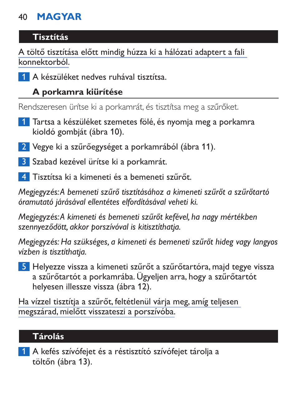 Tisztítás, A porkamra kiürítése, Tárolás | Philips FC6050 User Manual | Page 40 / 108