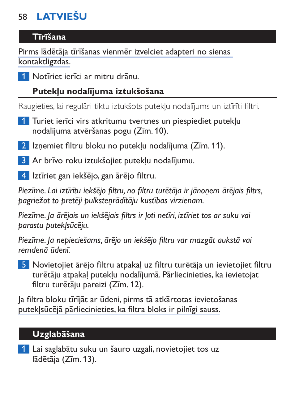 Tīrīšana, Putekļu nodalījuma iztukšošana, Uzglabāšana | Philips FC6050 User Manual | Page 58 / 108