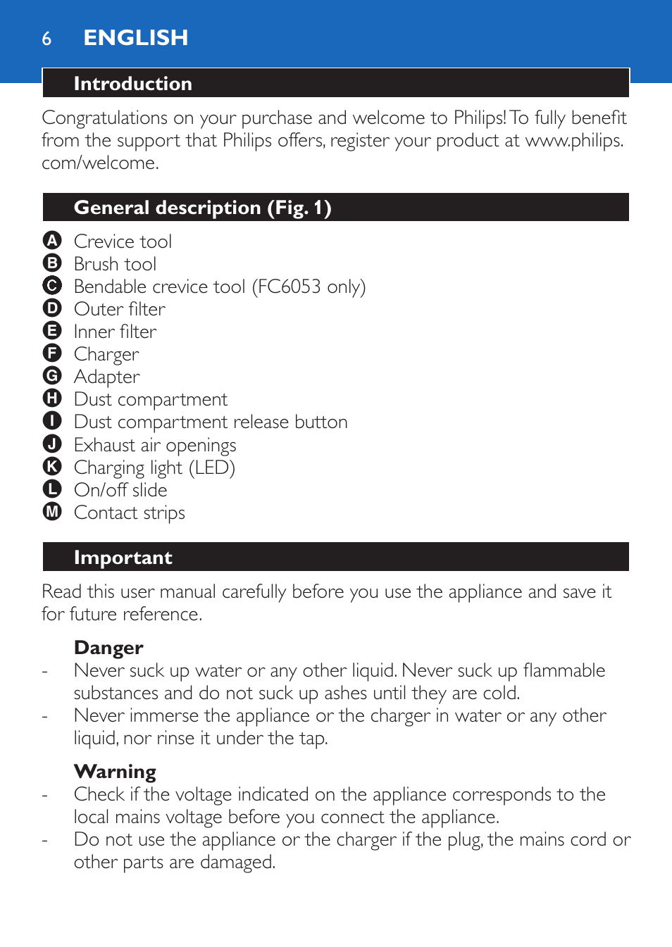 English, Introduction, General description (fig. 1) | Important, Danger, Warning | Philips FC6050 User Manual | Page 6 / 108