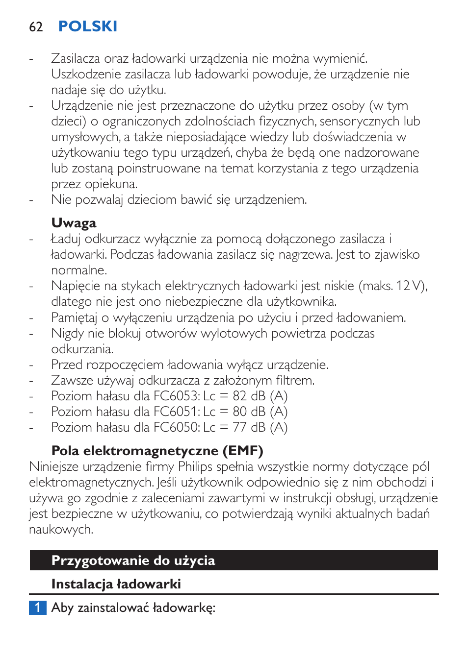 Uwaga, Pola elektromagnetyczne (emf), Przygotowanie do użycia | Instalacja ładowarki | Philips FC6050 User Manual | Page 62 / 108
