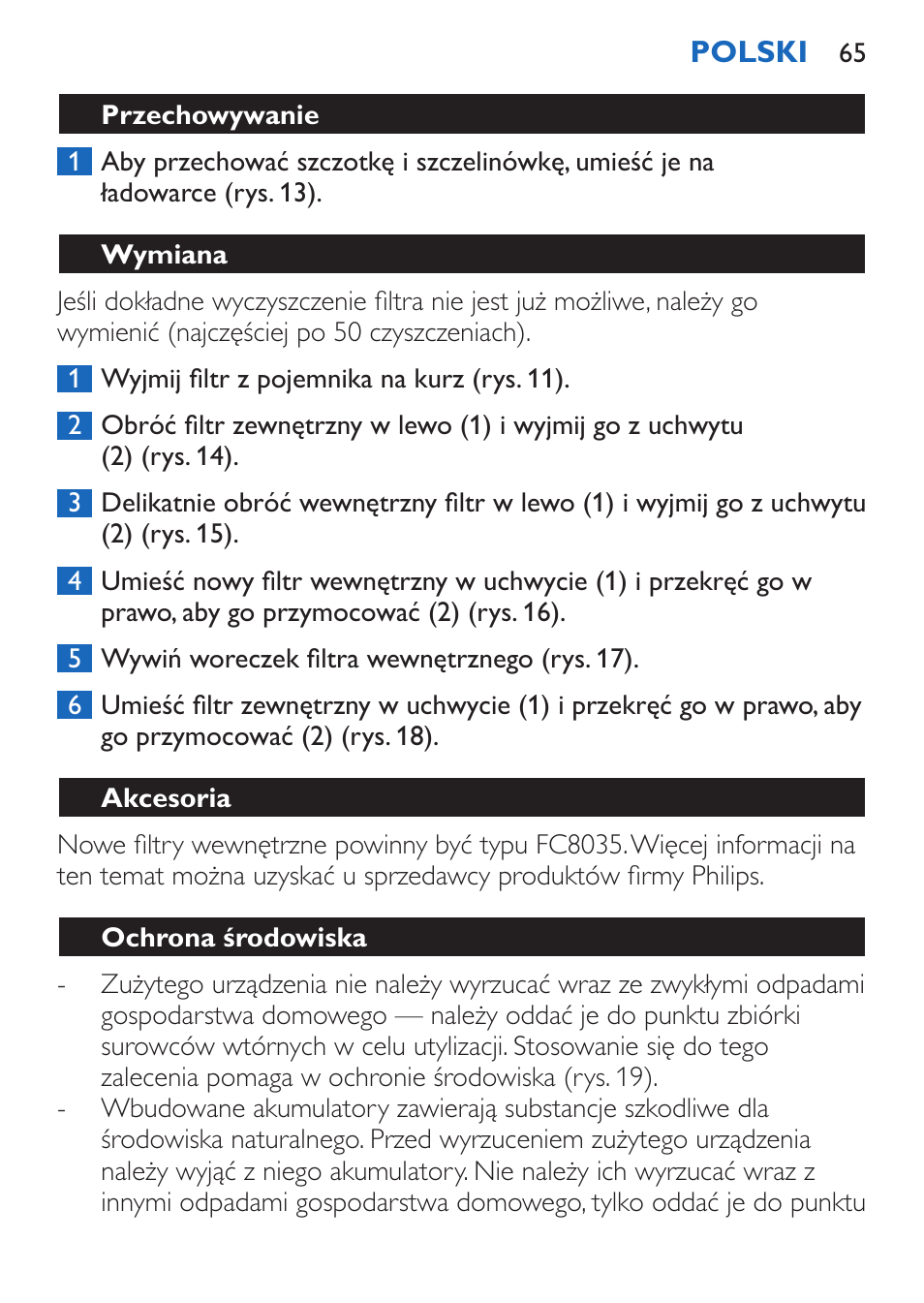 Przechowywanie, Wymiana, Akcesoria | Ochrona środowiska | Philips FC6050 User Manual | Page 65 / 108