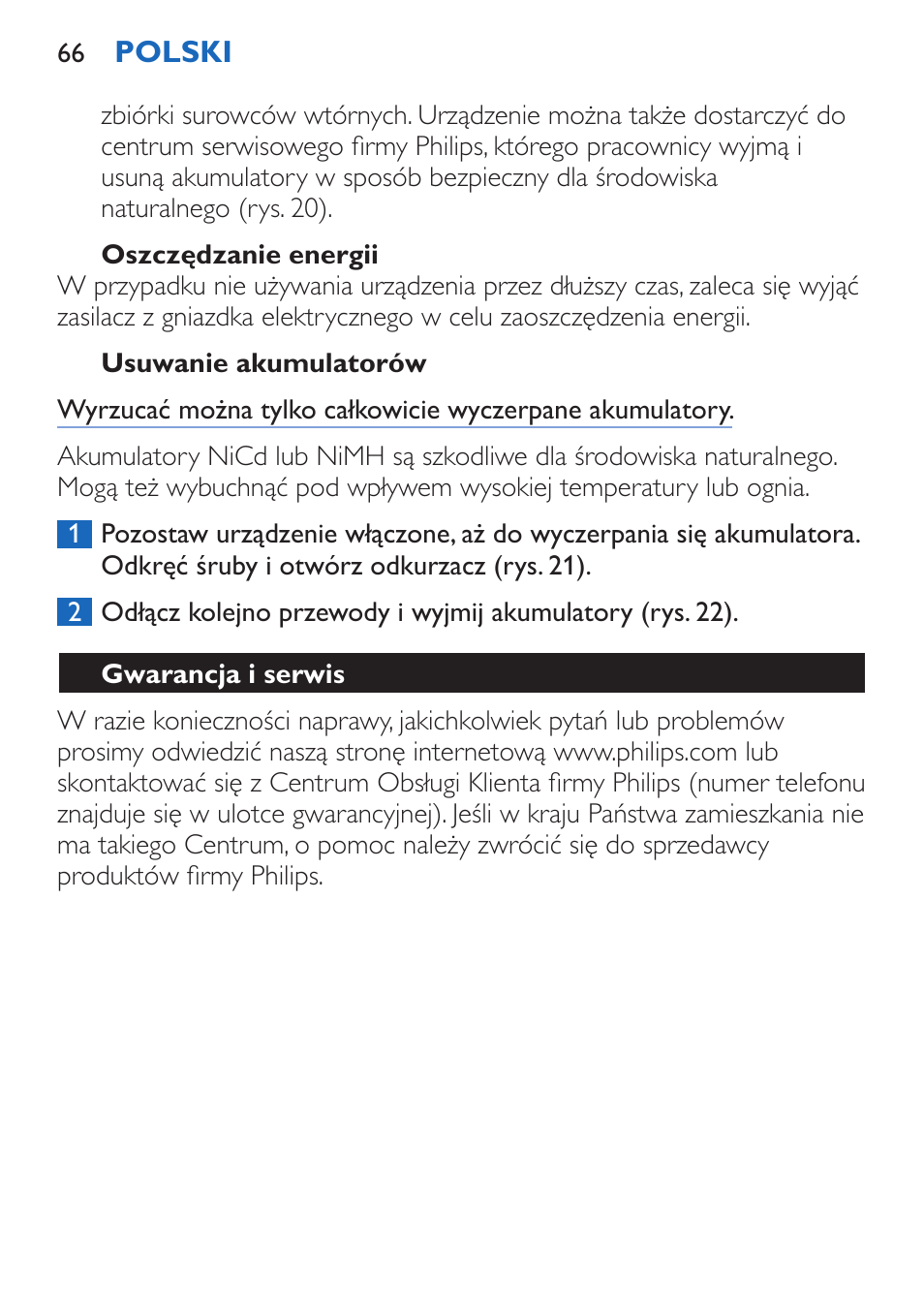 Oszczędzanie energii, Usuwanie akumulatorów, Gwarancja i serwis | Philips FC6050 User Manual | Page 66 / 108