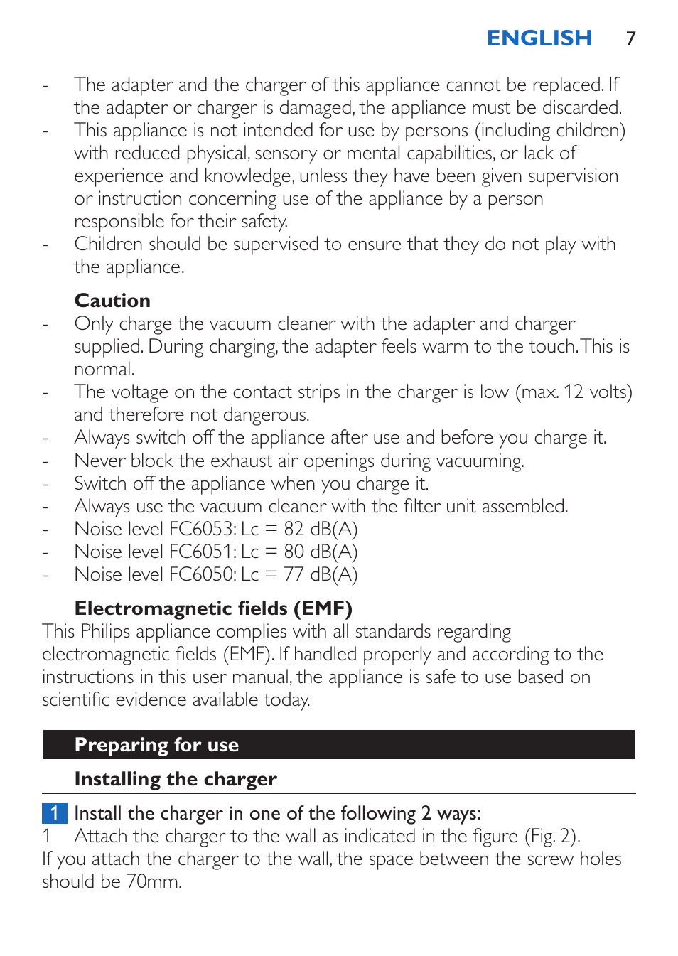 Caution, Electromagnetic fields (emf), Preparing for use | Installing the charger | Philips FC6050 User Manual | Page 7 / 108
