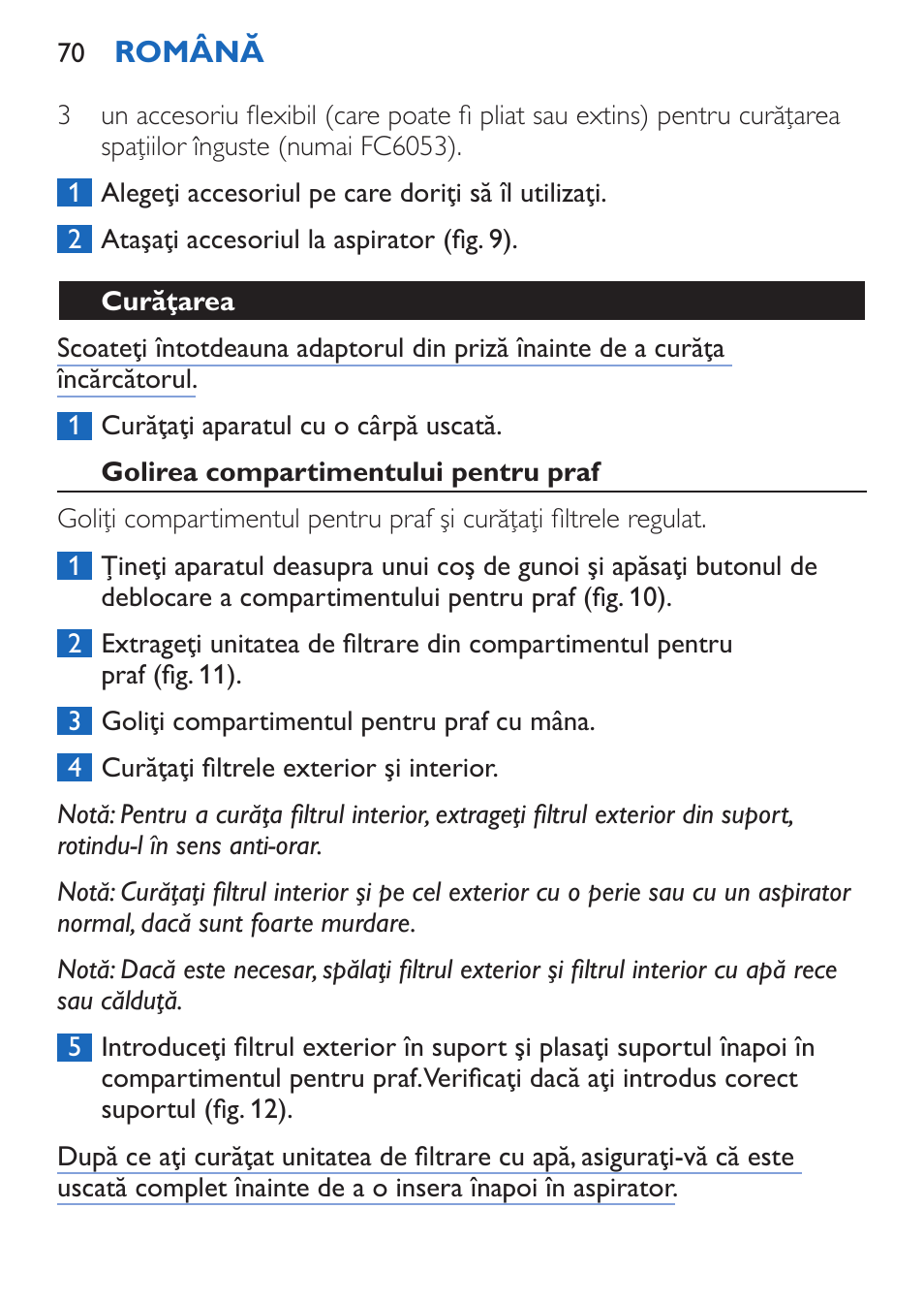 Curăţarea, Golirea compartimentului pentru praf | Philips FC6050 User Manual | Page 70 / 108