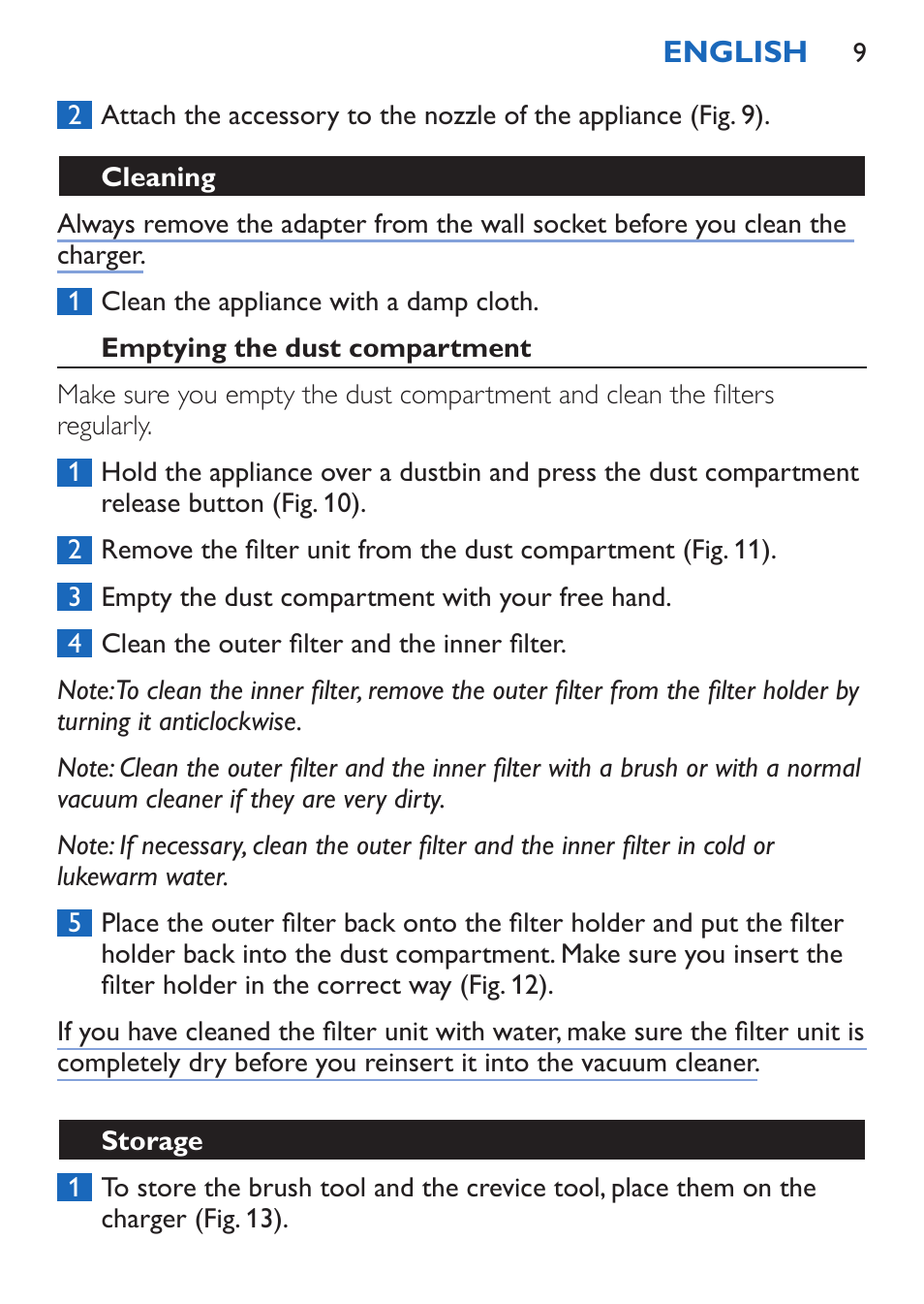 Cleaning, Emptying the dust compartment, Storage | Philips FC6050 User Manual | Page 9 / 108