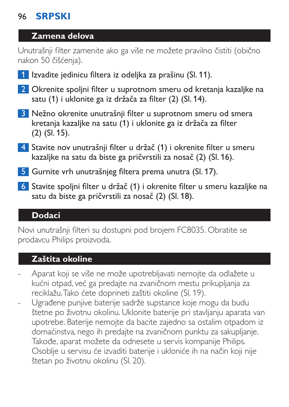 Zamena delova, Dodaci, Zaštita okoline | Philips FC6050 User Manual | Page 96 / 108