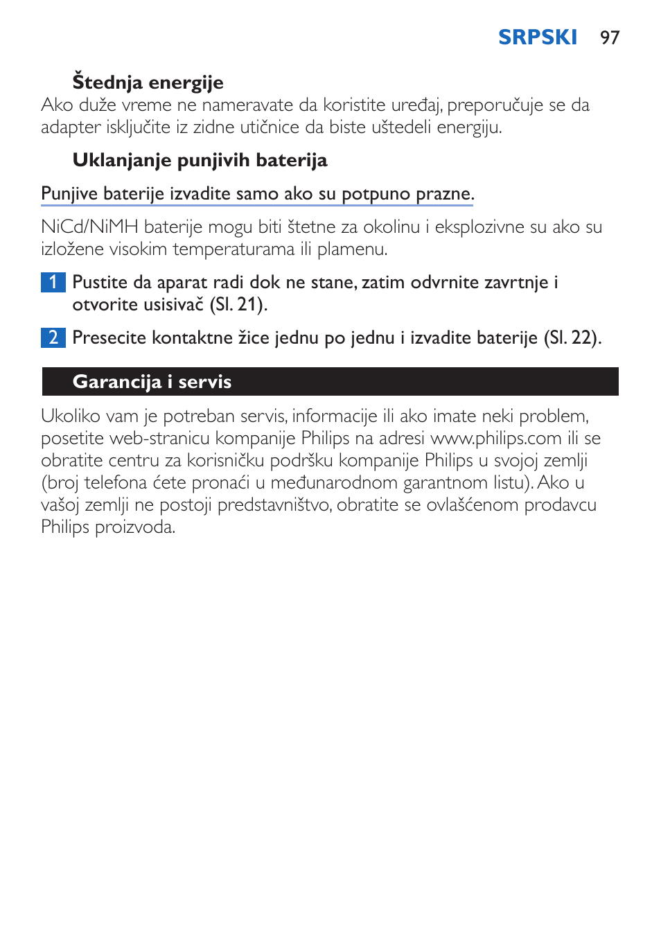 Štednja energije, Uklanjanje punjivih baterija, Garancija i servis | Philips FC6050 User Manual | Page 97 / 108