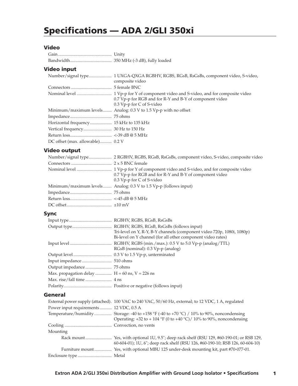 Extron electronic ADA 2/GLI 350xi User Manual | 2 pages