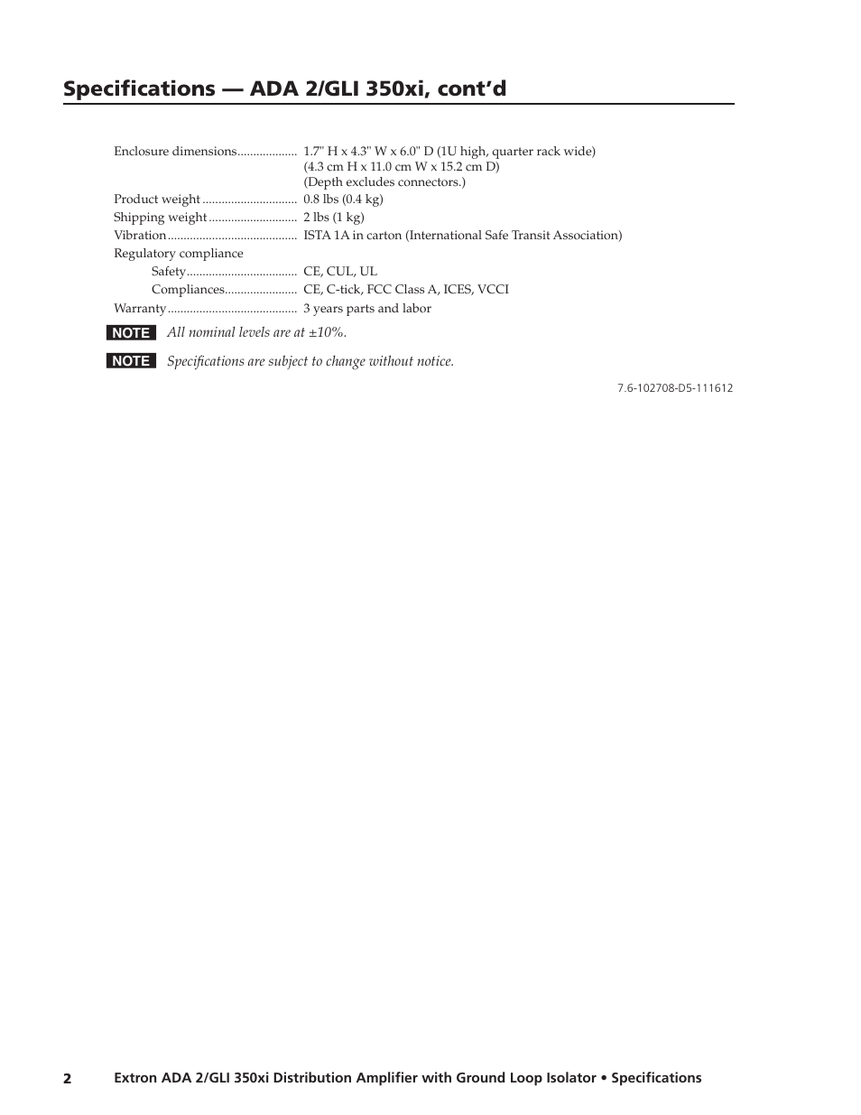Specifications — ada 2/gli 350xi, cont’d | Extron electronic ADA 2/GLI 350xi User Manual | Page 2 / 2