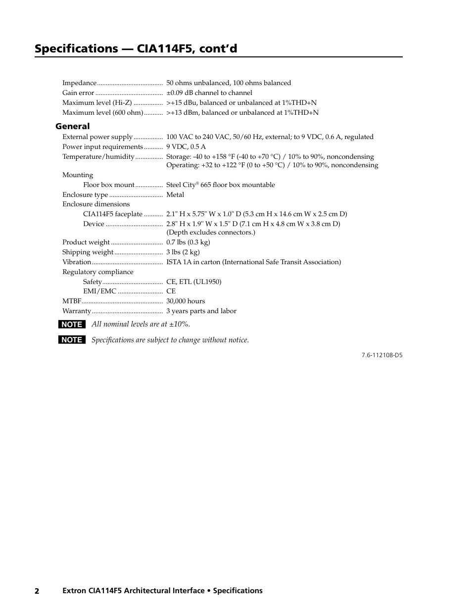 Specifications — cia114f5, cont’d | Extron electronic Architectural Interface CIA114F5 User Manual | Page 2 / 2