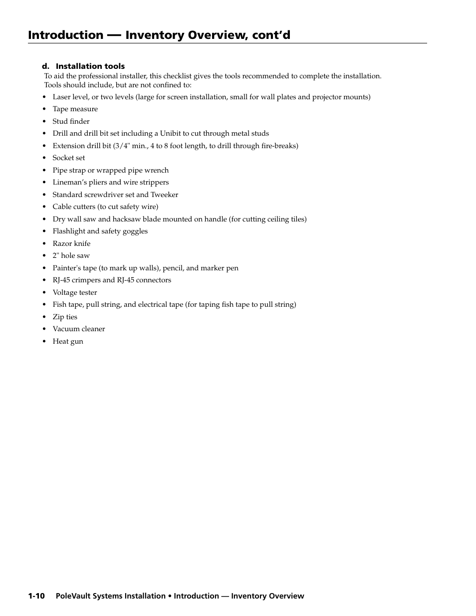 D. installation tools, Introduction, Inventory overview, cont’d | Extron electronic PoleVault Systems PVS 400 User Manual | Page 12 / 46