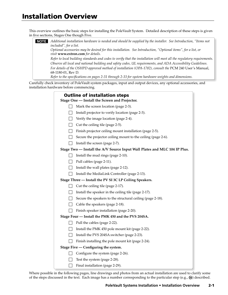 Installation, Installation overview, Outline of installation steps | Extron electronic PoleVault Systems PVS 400 User Manual | Page 13 / 46