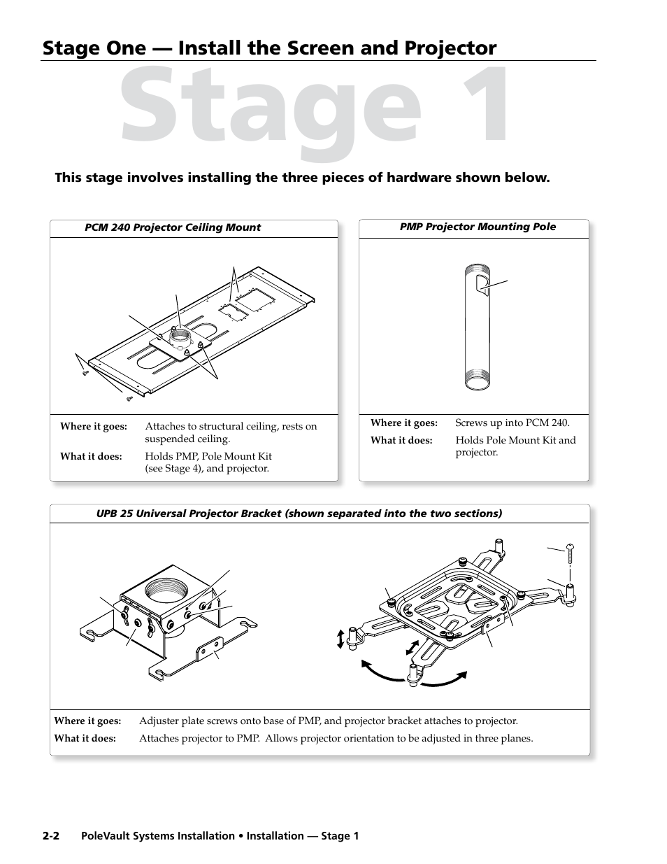 Stage one - install the screen and projector, Hardware, Stage one — install the screen and projector | Stage 1 | Extron electronic PoleVault Systems PVS 400 User Manual | Page 14 / 46