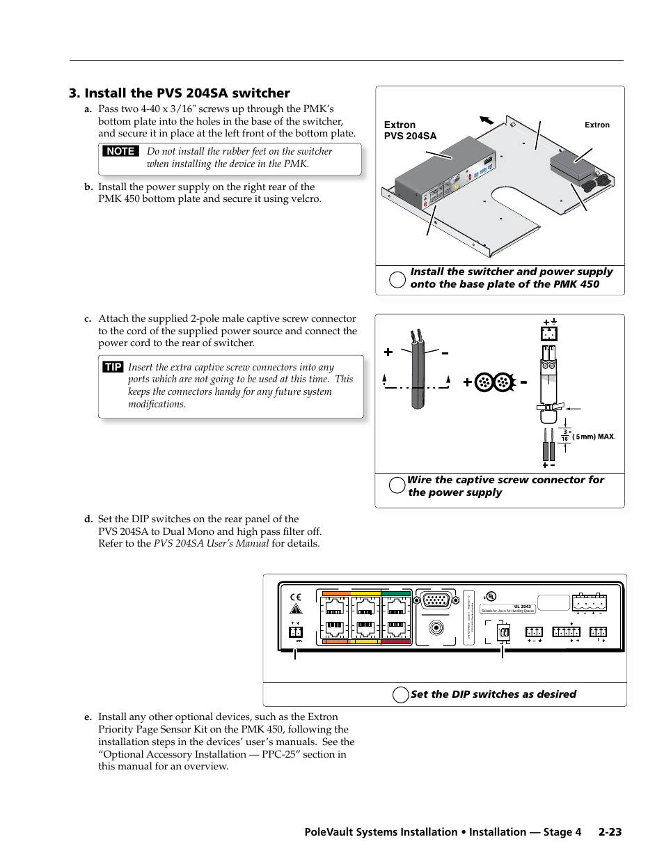 Install the pvs 204sa switcher | Extron electronic PoleVault Systems PVS 400 User Manual | Page 35 / 46