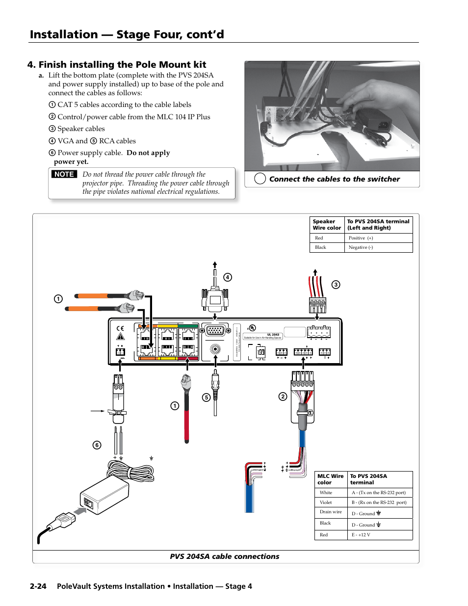 Finish installing the projector mounting kit, Installation — stage four, cont’d, Finish installing the pole mount kit | Cat 5 cables according to the cable labels, Control/power cable from the mlc 104 ip plus, Speaker cables, Vga and, Rca cables | Extron electronic PoleVault Systems PVS 400 User Manual | Page 36 / 46