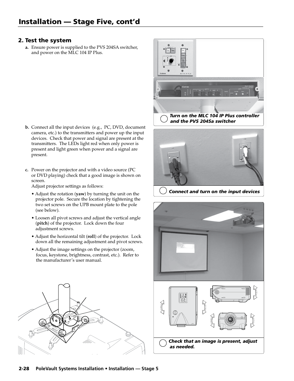 Test the system, Installation — stage five, cont’d | Extron electronic PoleVault Systems PVS 400 User Manual | Page 40 / 46