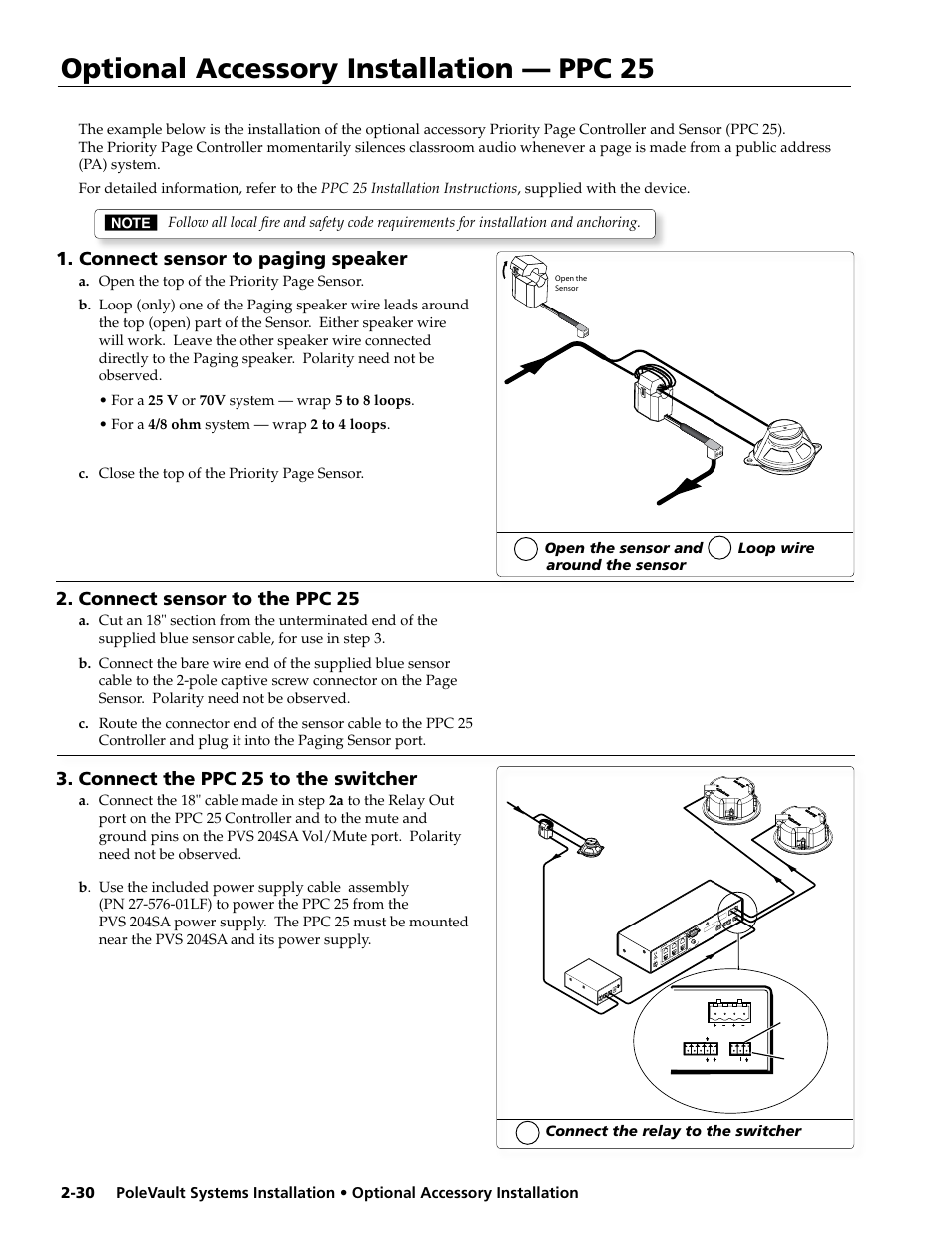 Optional accessory installation - ppc 25, Connect sensor to paging speaker, Connect sensor to the ppc 25 | Connect the ppc 25 to the switcher, Optional accessory installation — ppc 25 | Extron electronic PoleVault Systems PVS 400 User Manual | Page 42 / 46