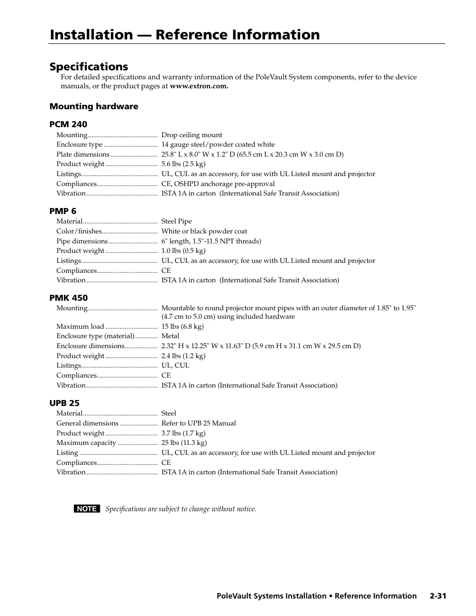 Installation - reference information, Specifications, Mounting hardware | Pcm 240, Pmp 6, Pmk 450, Upb 25, Installation — reference information | Extron electronic PoleVault Systems PVS 400 User Manual | Page 43 / 46