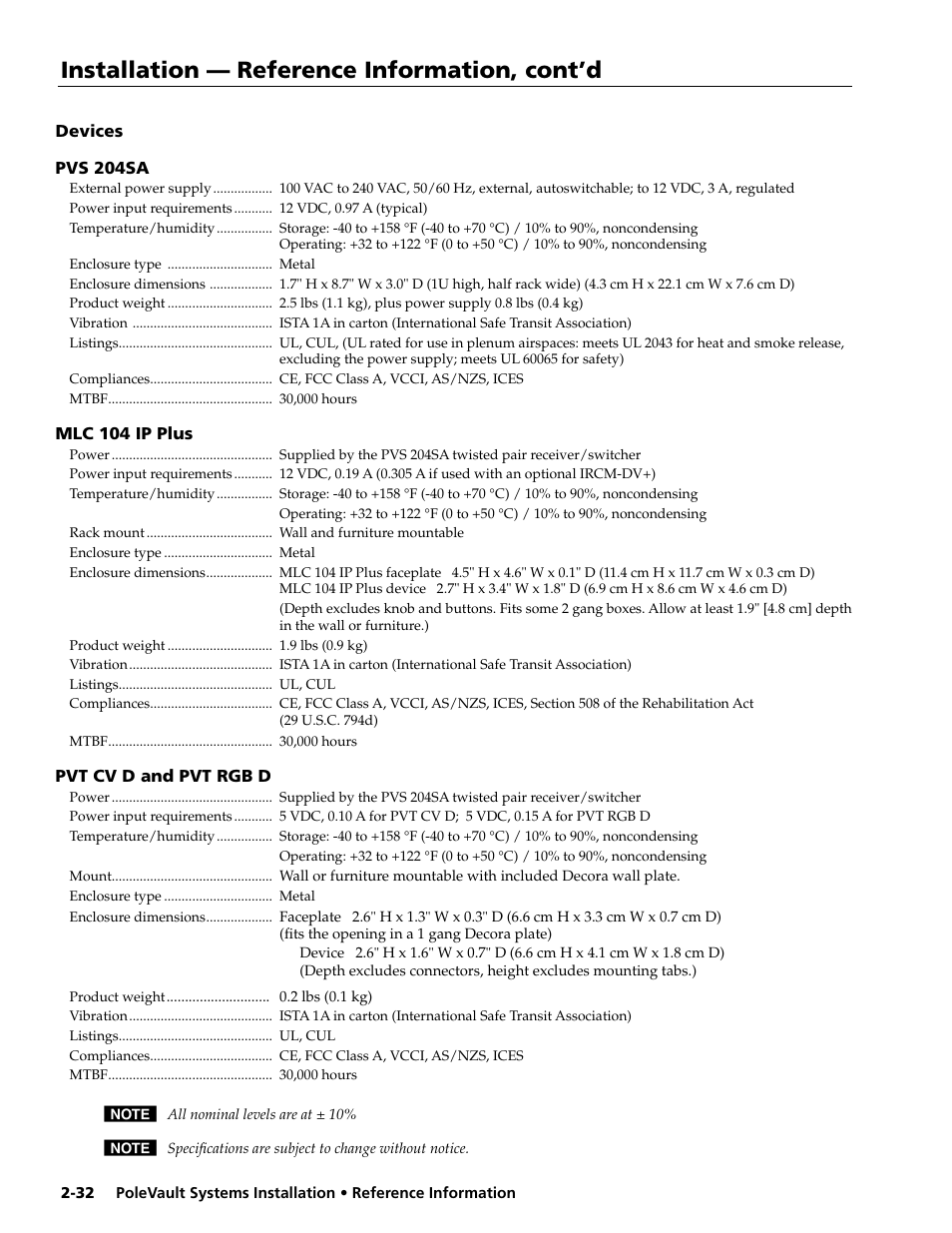 Devices, Pvs 204sa, Mlc 104 ip plus | Pvt cv d and pvt rgb d, Installation — reference information, cont’d | Extron electronic PoleVault Systems PVS 400 User Manual | Page 44 / 46