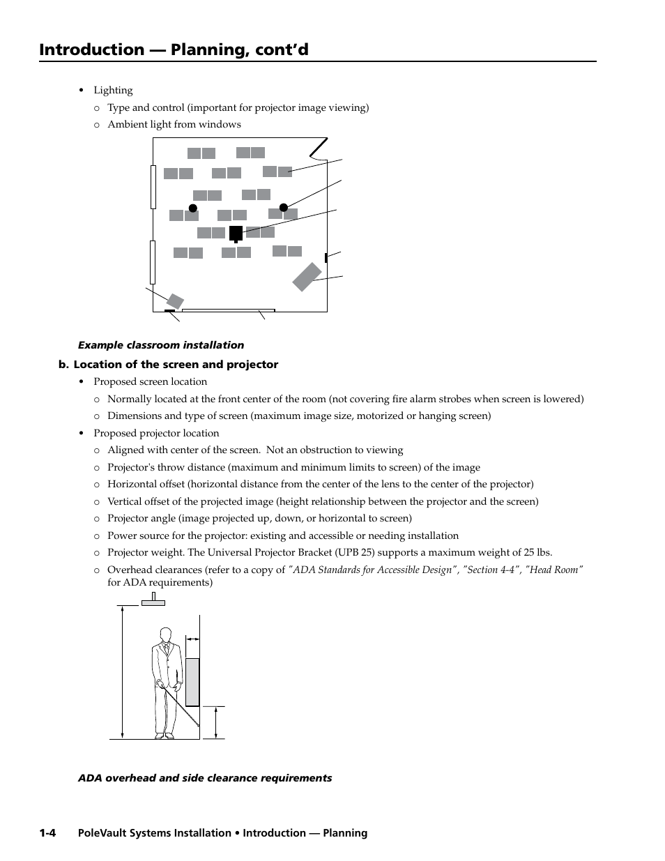 B. location of the screen and projector, Introduction — planning, cont’d | Extron electronic PoleVault Systems PVS 400 User Manual | Page 6 / 46