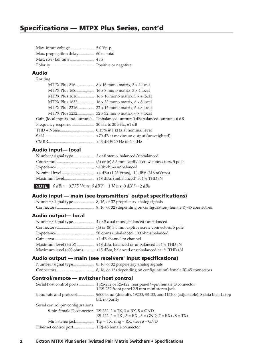 Specifications — mtpx plus series, cont’d | Extron electronic MTPX Plus Series User Manual | Page 2 / 4