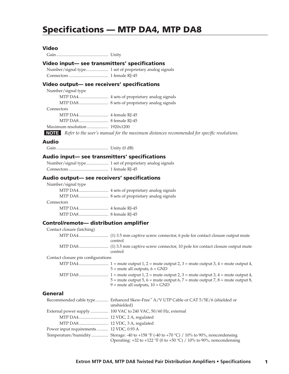 Extron electronic MTP DA8 User Manual | 2 pages