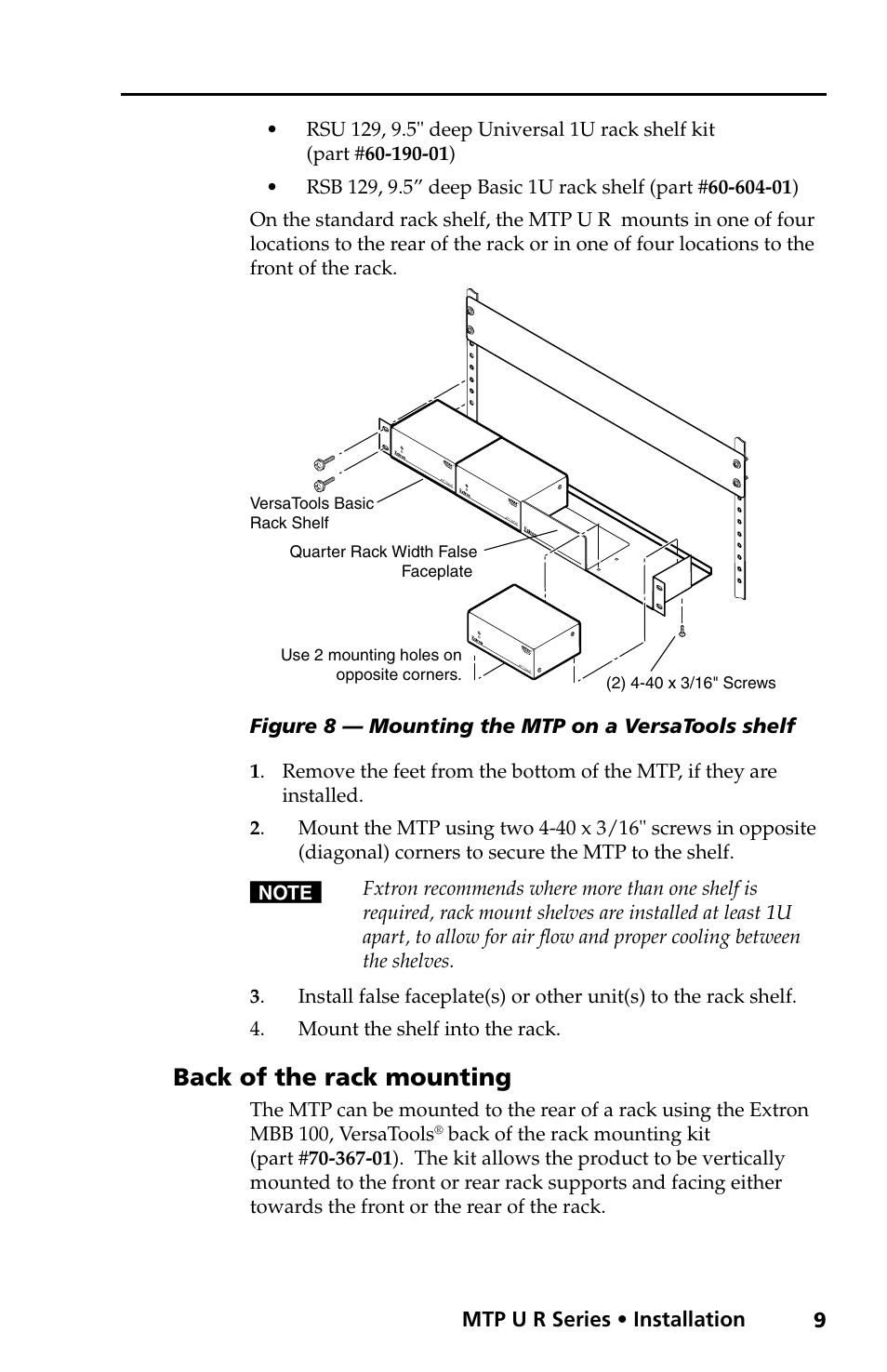 Back of the rack mounting, Mtp u r series • installation, Figure 8 — mounting the mtp on a versatools shelf | Extron Electronics MTP U R RS User Manual | Page 12 / 30