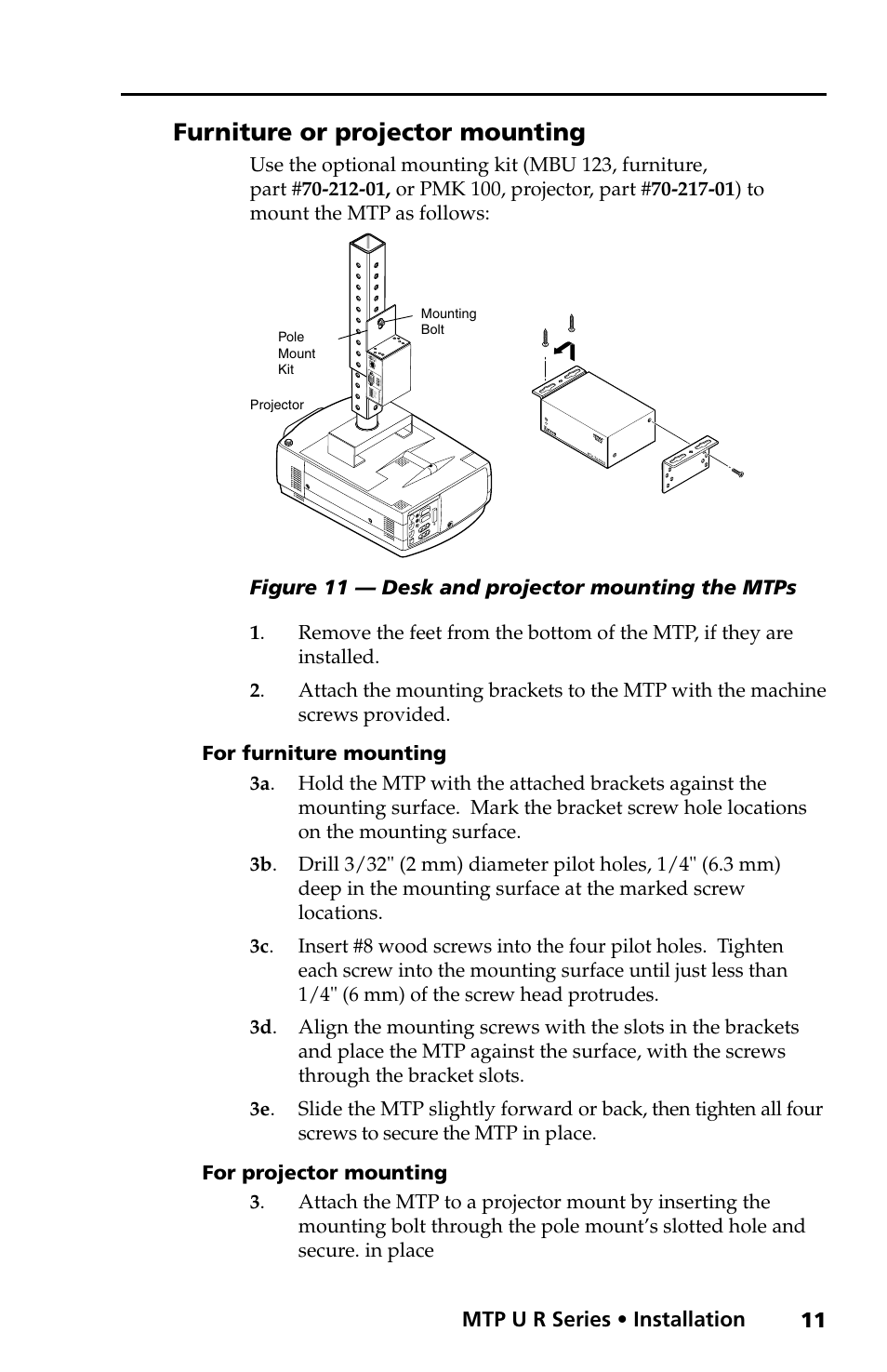 Furniture or projector mounting, Urniture mounting, For projector mounting | Mtp u r series • installation, Figure 11 — desk and projector mounting the mtps | Extron Electronics MTP U R RS User Manual | Page 14 / 30