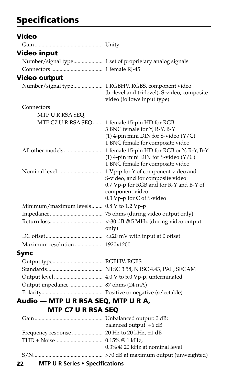 Specifications, Video, Video input | Video output, Sync | Extron Electronics MTP U R RS User Manual | Page 25 / 30