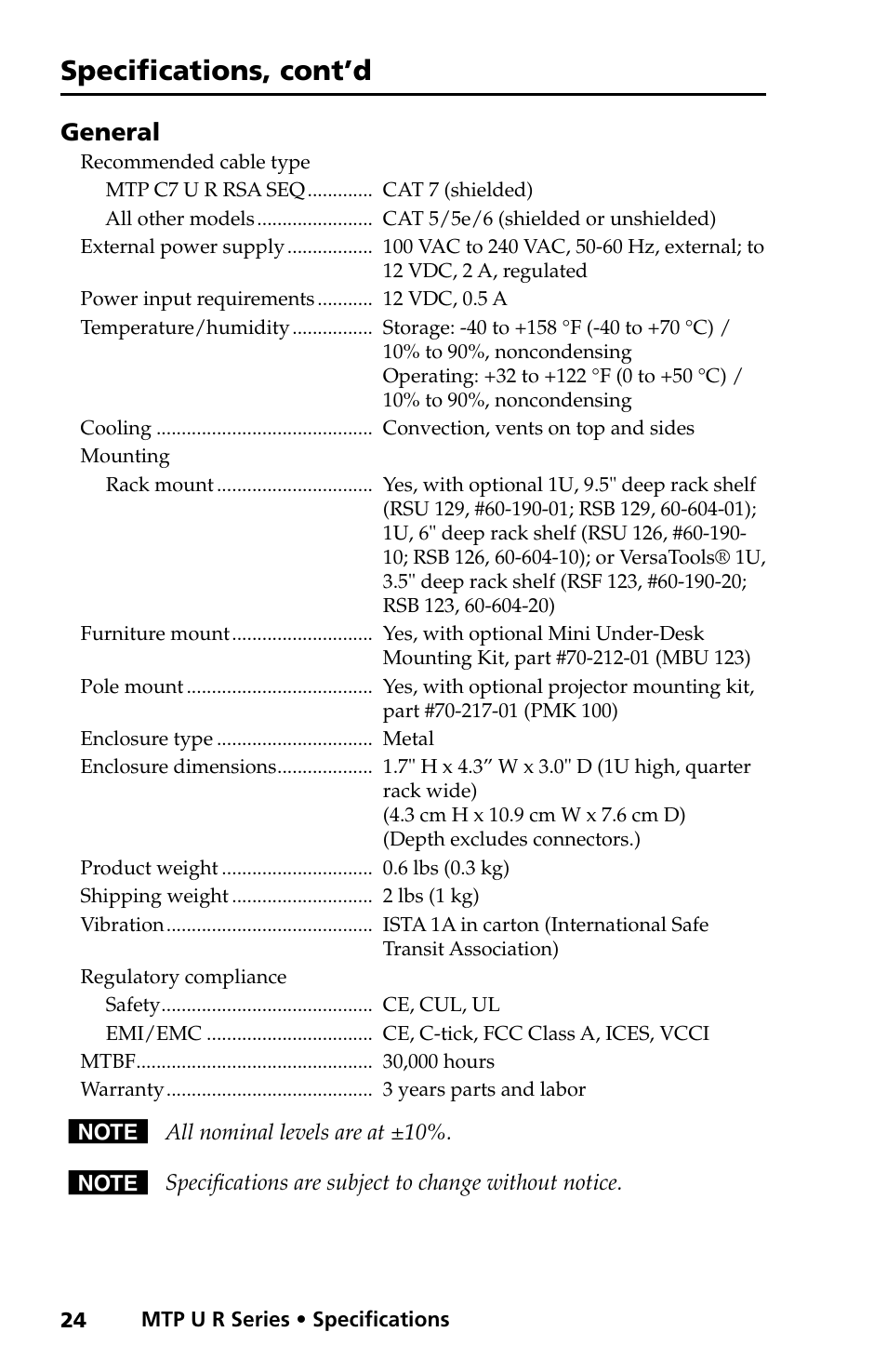 Specifications, cont’d, General | Extron Electronics MTP U R RS User Manual | Page 27 / 30