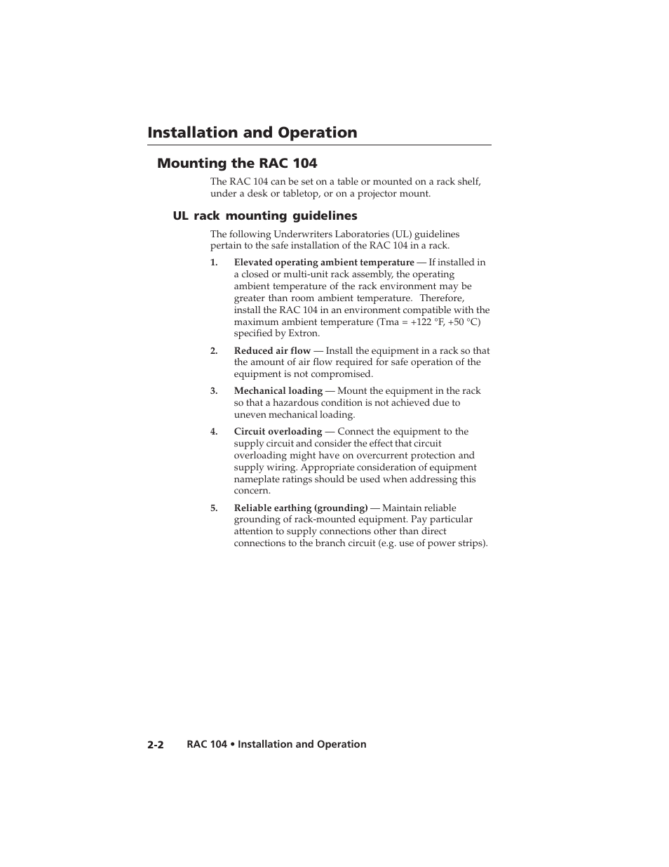 Installation and operation, Mounting the rac 104 | Extron Electronics RAC 104 User Manual | Page 14 / 44