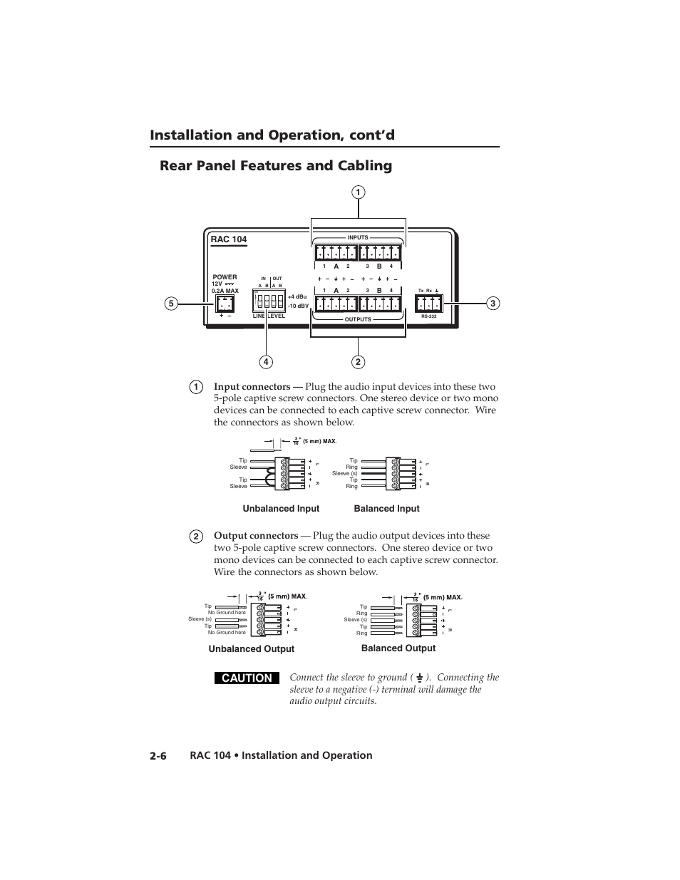 Installation and operation, cont’d, Rear panel features and cabling, Caution | Rac 104 • installation and operation, Unbalanced output balanced output | Extron Electronics RAC 104 User Manual | Page 18 / 44