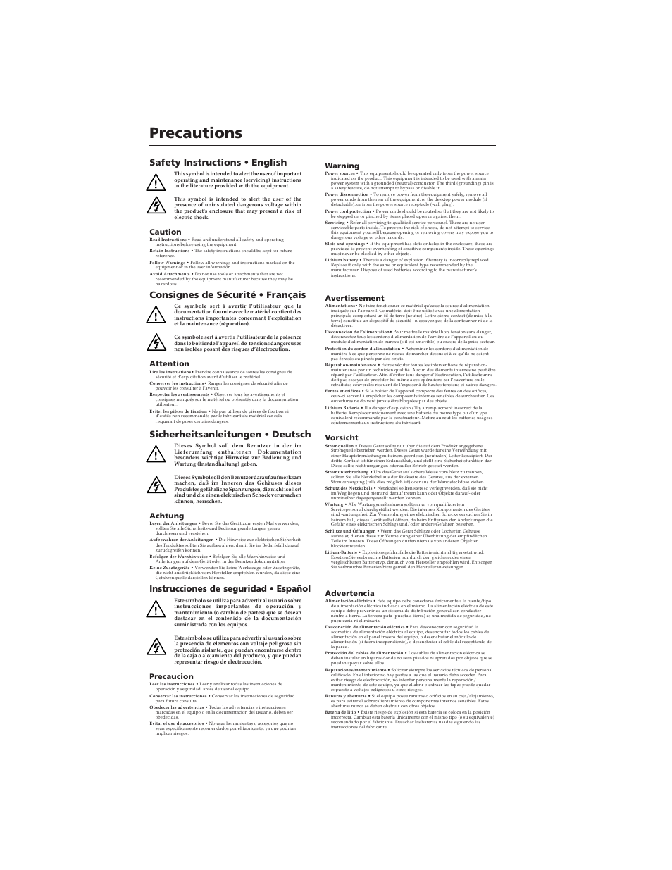 Precautions, Instrucciones de seguridad • español | Extron Electronics RAC 104 User Manual | Page 2 / 44