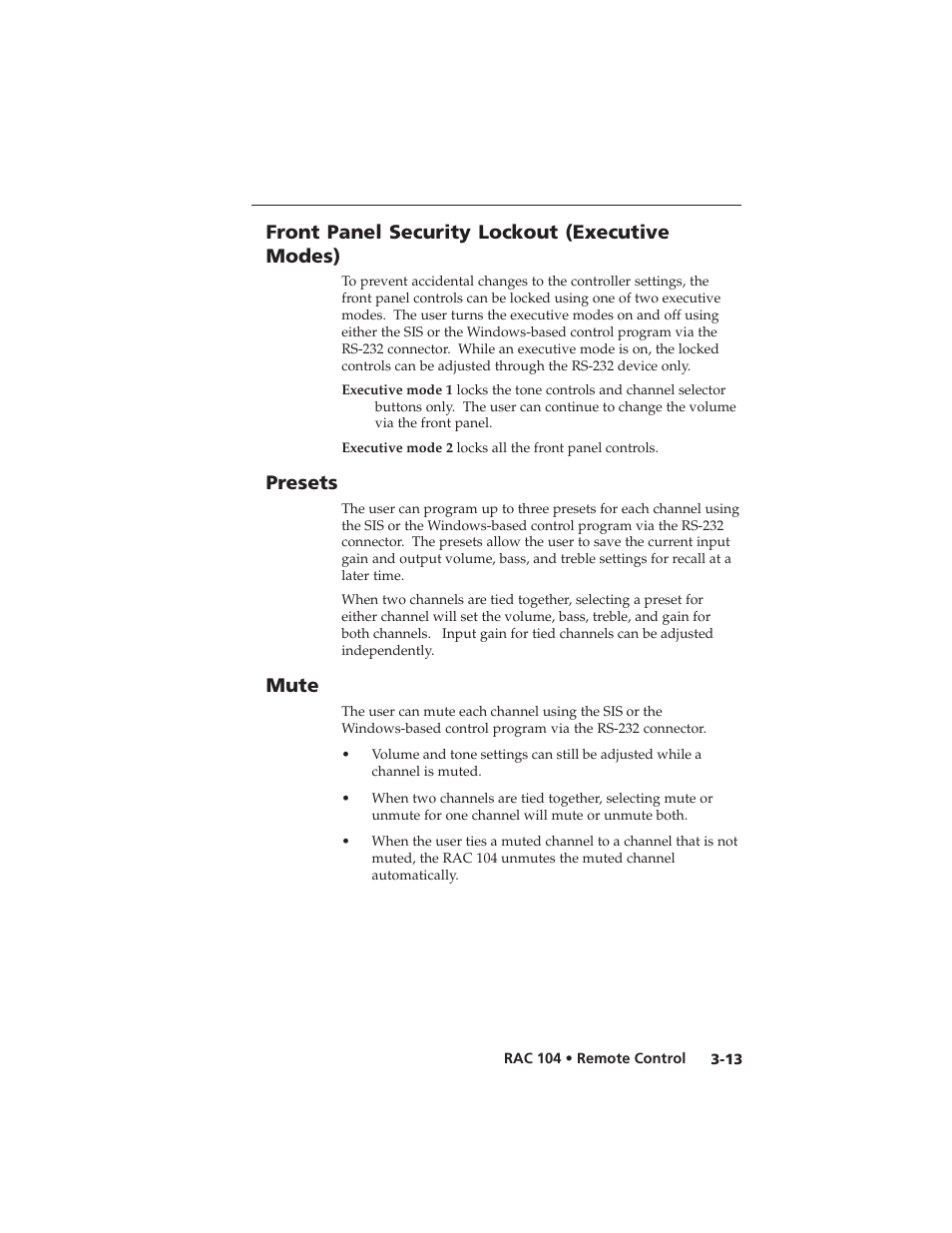 Front panel security lockout (executive modes), Presets, Mute | Extron Electronics RAC 104 User Manual | Page 37 / 44