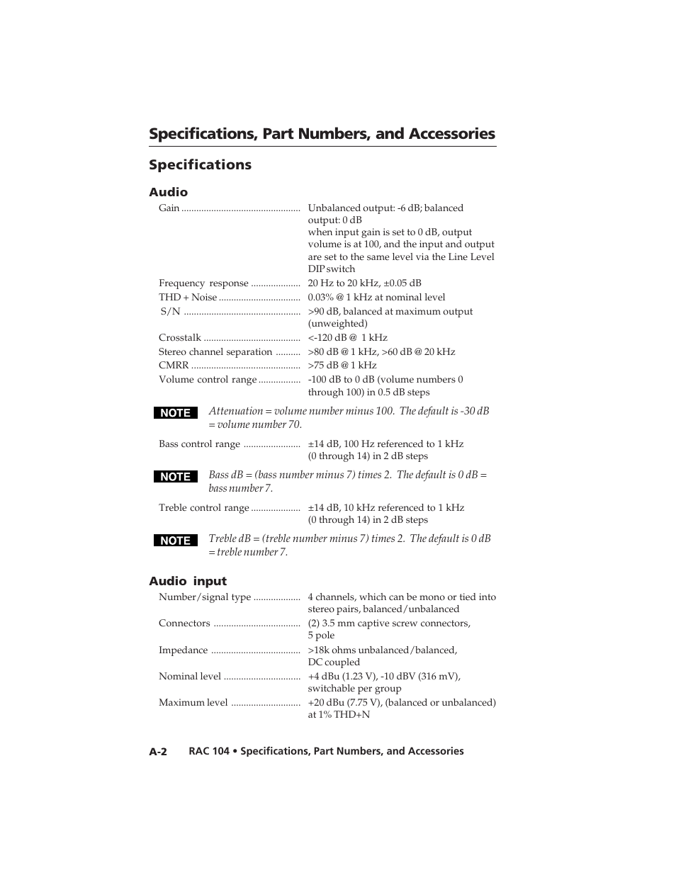 Specifications, part numbers, and accessories, Specifications | Extron Electronics RAC 104 User Manual | Page 40 / 44