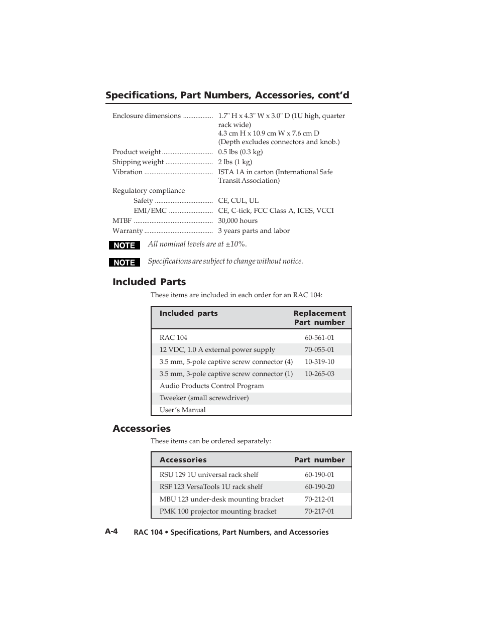 Specifications, part numbers, accessories, cont’d, Included parts, Accessories | Extron Electronics RAC 104 User Manual | Page 42 / 44
