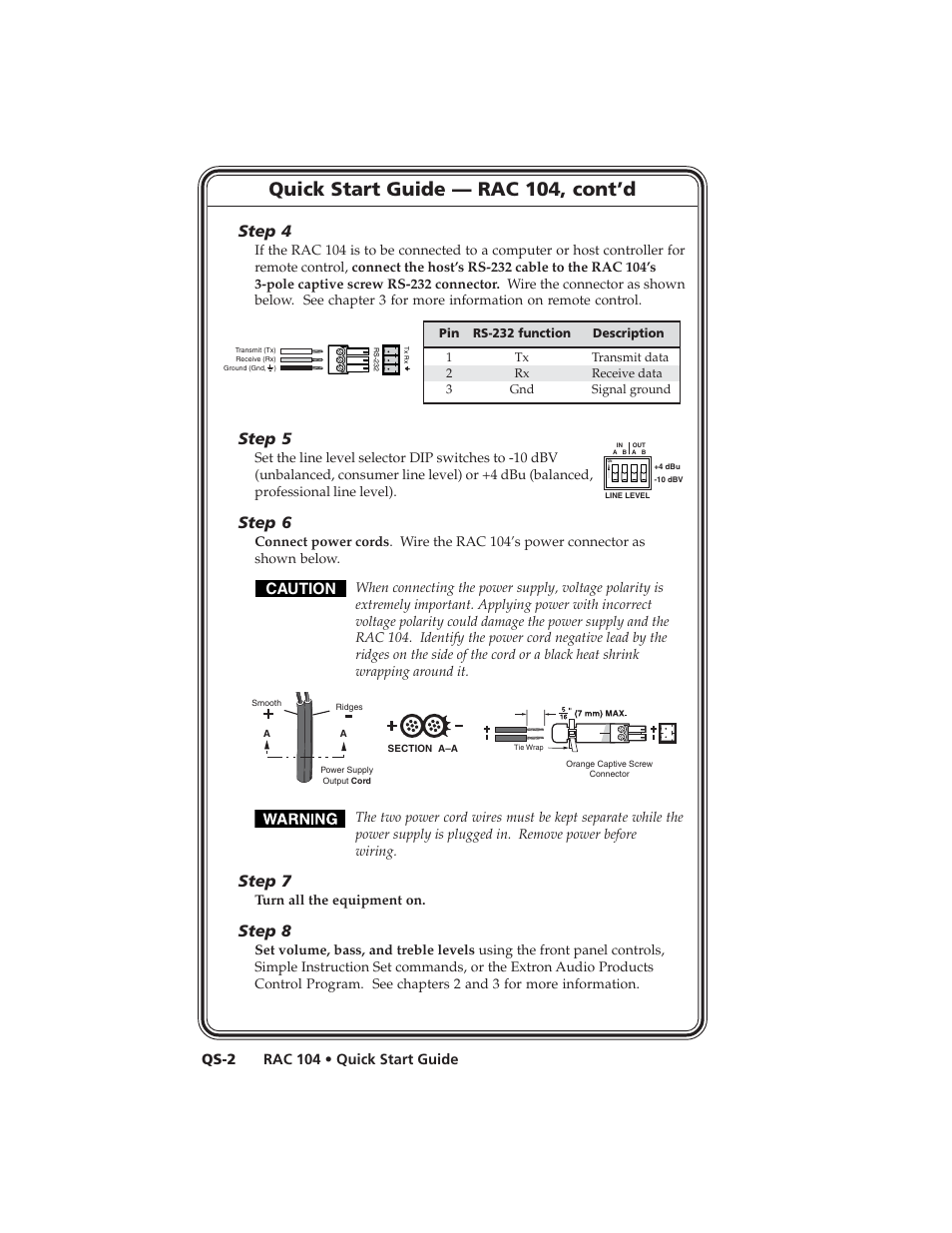 Quick start guide — rac 104, cont’d, Step 4, Step 5 | Step 6, Step 7, Step 8, Caution | Extron Electronics RAC 104 User Manual | Page 6 / 44
