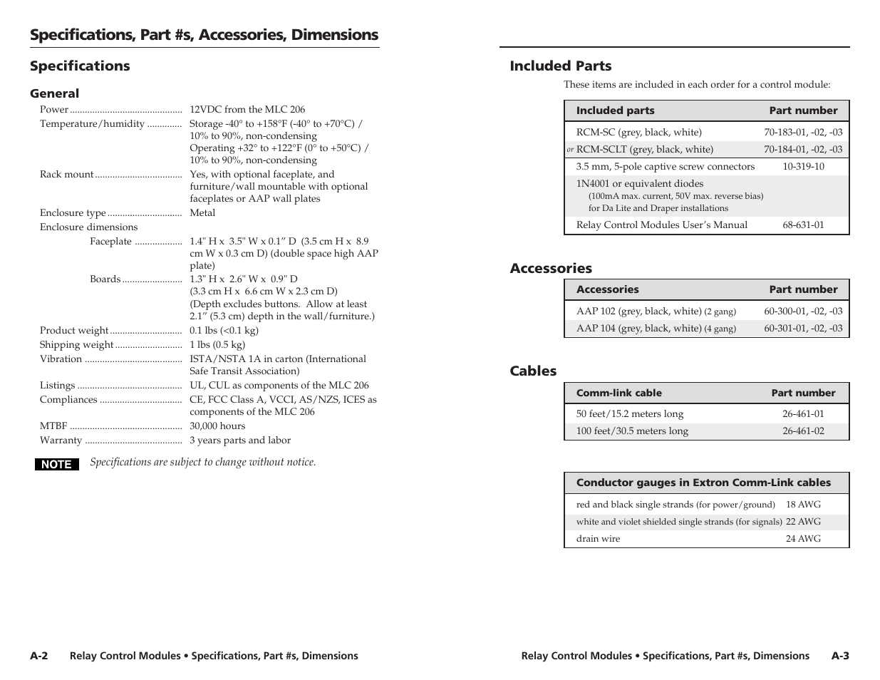 Specifications, Included parts, Accessories | Cables, Specifications, part #s, accessories, dimensions | Extron Electronics RCM-SC User Manual | Page 14 / 15