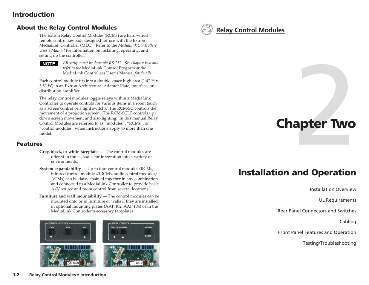 About the relay control modules, Features, Ch.2: installation & operation | Chapter 2 • installation and operation, Chapter two | Extron Electronics RCM-SC User Manual | Page 5 / 15
