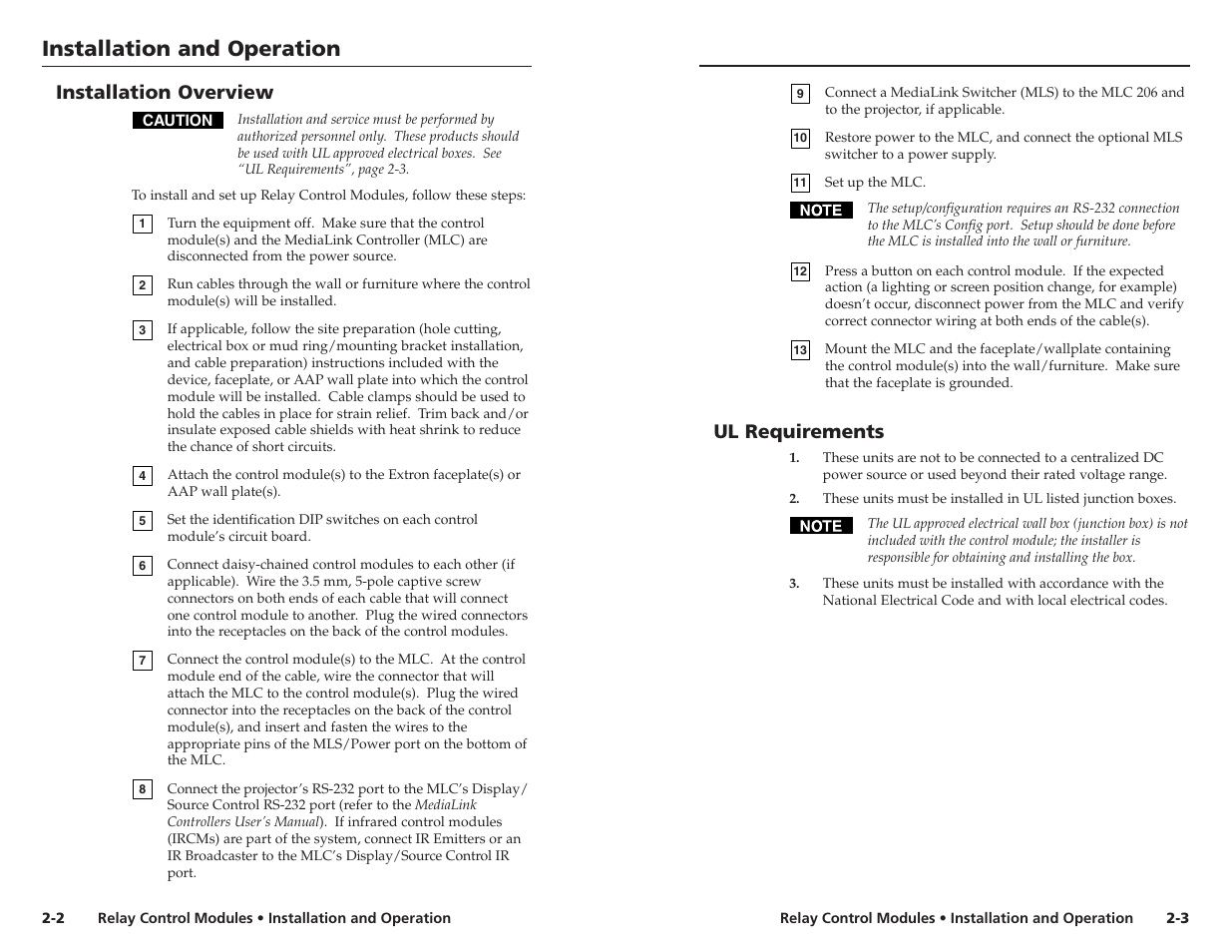 Installation overview, Ul requirements, Installation and operation | Extron Electronics RCM-SC User Manual | Page 6 / 15