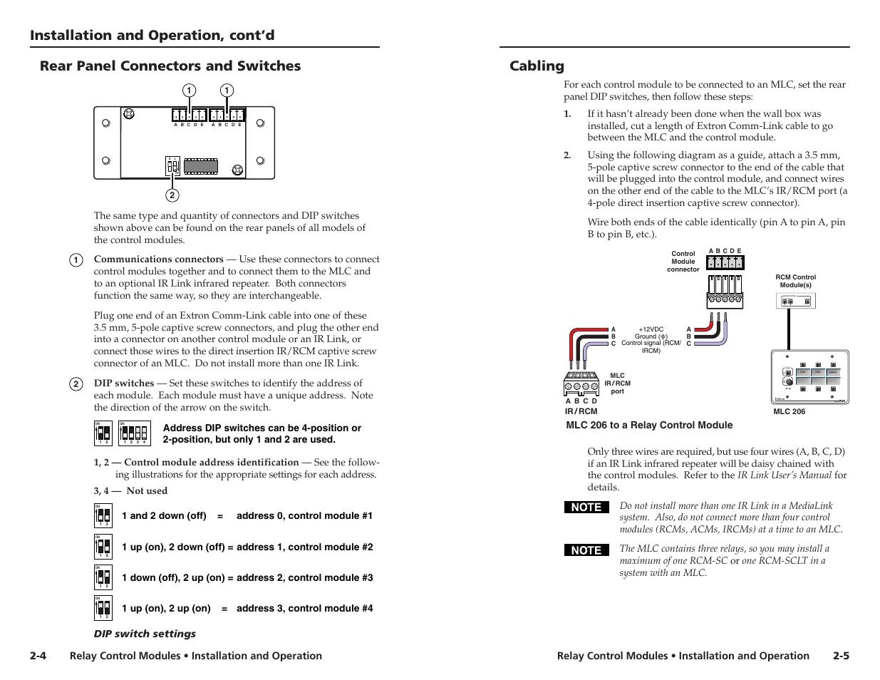 Rear panel connectors & switches, Cabling, Rear panel connectors and switches | Installation and operation, cont’d cabling, Room control screen position lighting on / off | Extron Electronics RCM-SC User Manual | Page 7 / 15