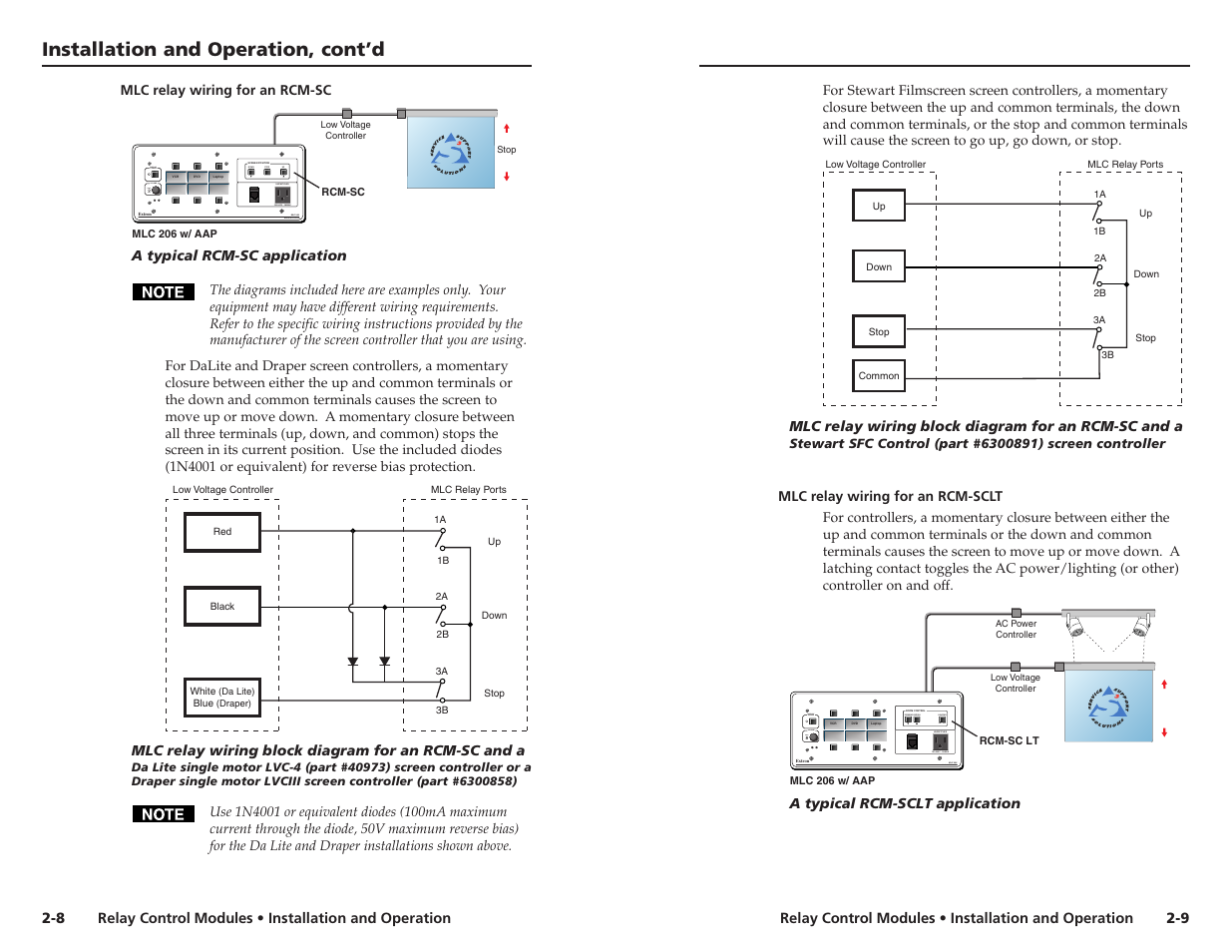 Mlc relay wiring for an rcm-sc, Mlc relay wiring for an rcm-sclt, Installation and operation, cont’d | Extron Electronics RCM-SC User Manual | Page 9 / 15