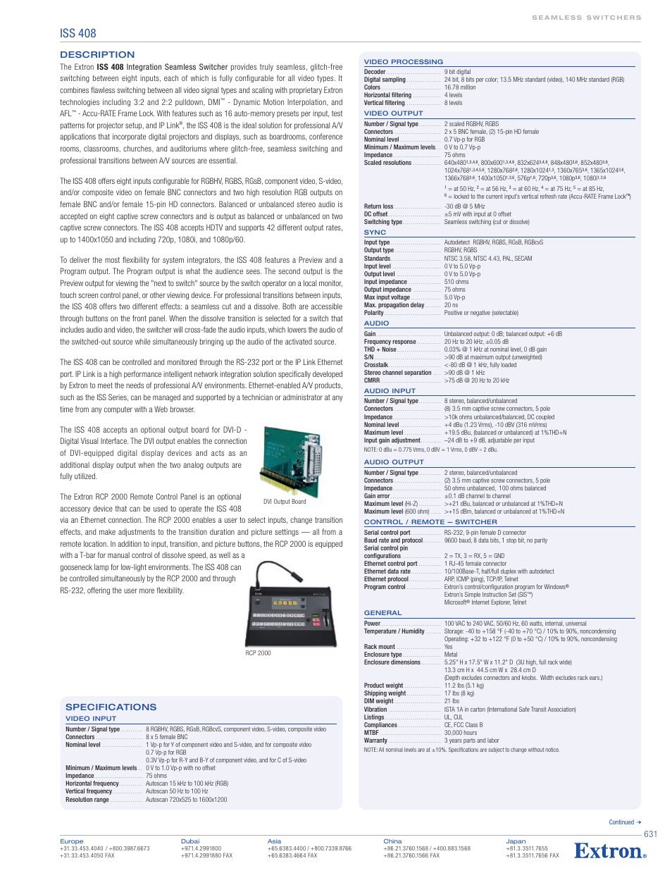 Iss 408, Specifications, Description | Extron electronic ISS 408 User Manual | Page 2 / 3